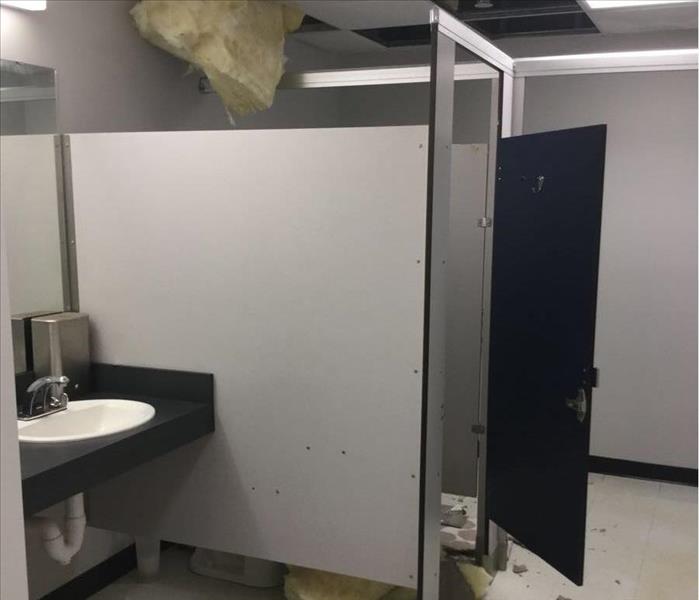 commercial restroom with water damaged ceiling, hanging insulation, broken tiles