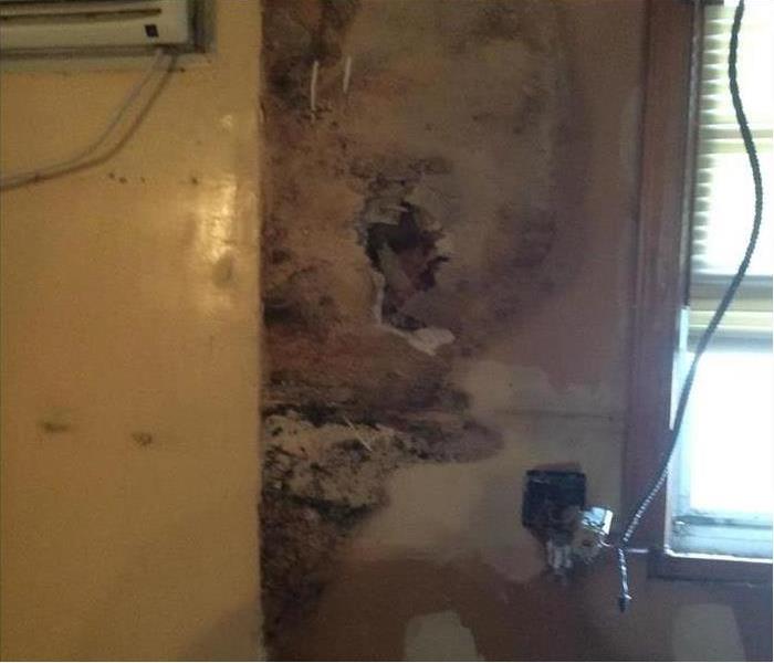 mold and holes in a wall by a/c unit